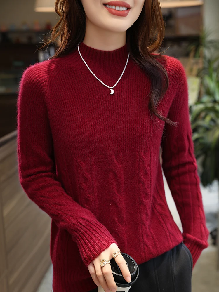 Large Size Women's Sweater Fall Winter 100% Merino Wool HalfHigh Collar Pullover Knitted Outerwear Knit Top Fashion Trend Casual