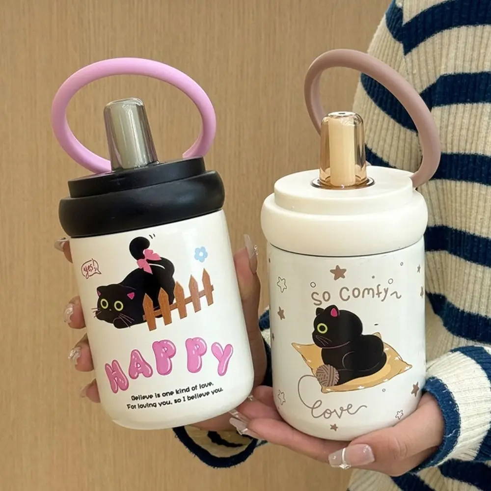 

500ml Insulated Water Cup Black Cat Cartoon Thermos Bottle with Handle 316 Stainless Steel Straw Drinking Cup Children