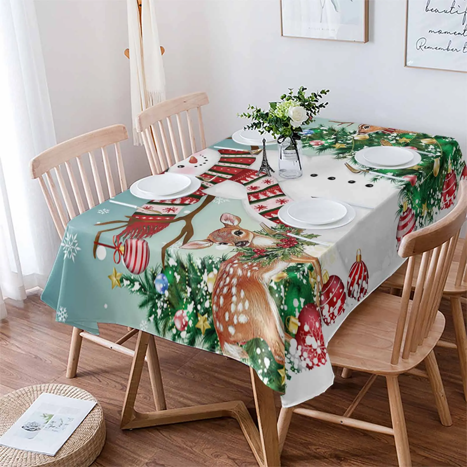 Christmas Tree Deer Christmas Ball  Tablecloth Waterproof Dining Table Rectangular Round Table Cover Home Kitchen Decoration