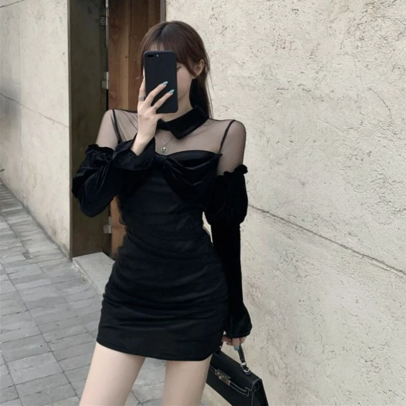 Spring New Women Tulle Patchwork Dress Elegant Sexy Lantern Sleeve Bodycon Mini Dress Chic Feminine Party Outfit Niche Design​
