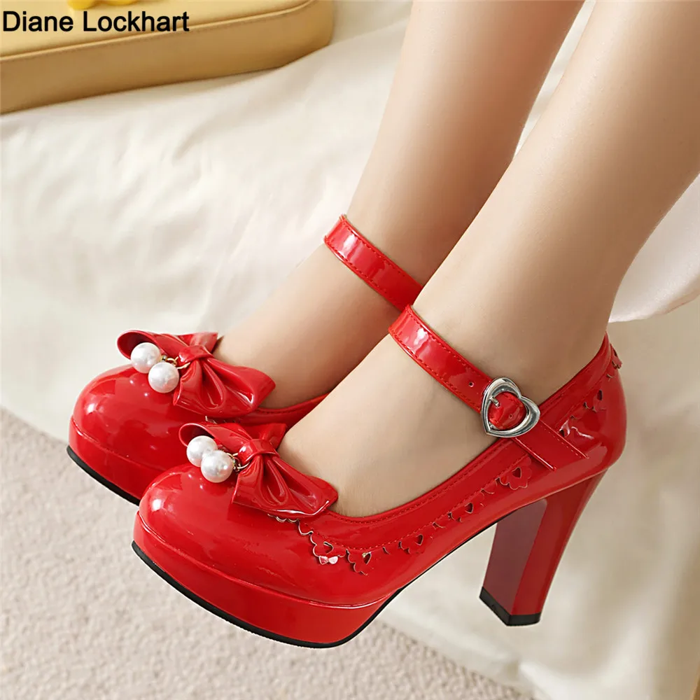 

Новые весенние милые туфли-лодочки Мэри Джейн из лакированной кожи с бантом и круглым носком, с пряжкой и ремешком, милые туфли на блочном каблуке 9 см, размер 34-48, зеленый, красный, синий