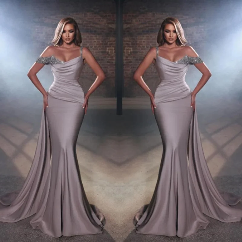 

Customized V Neck Beading Stone Pleat Evening Dress Sweep Train Backless Robe De Soiree Mermaid Prom Gowns