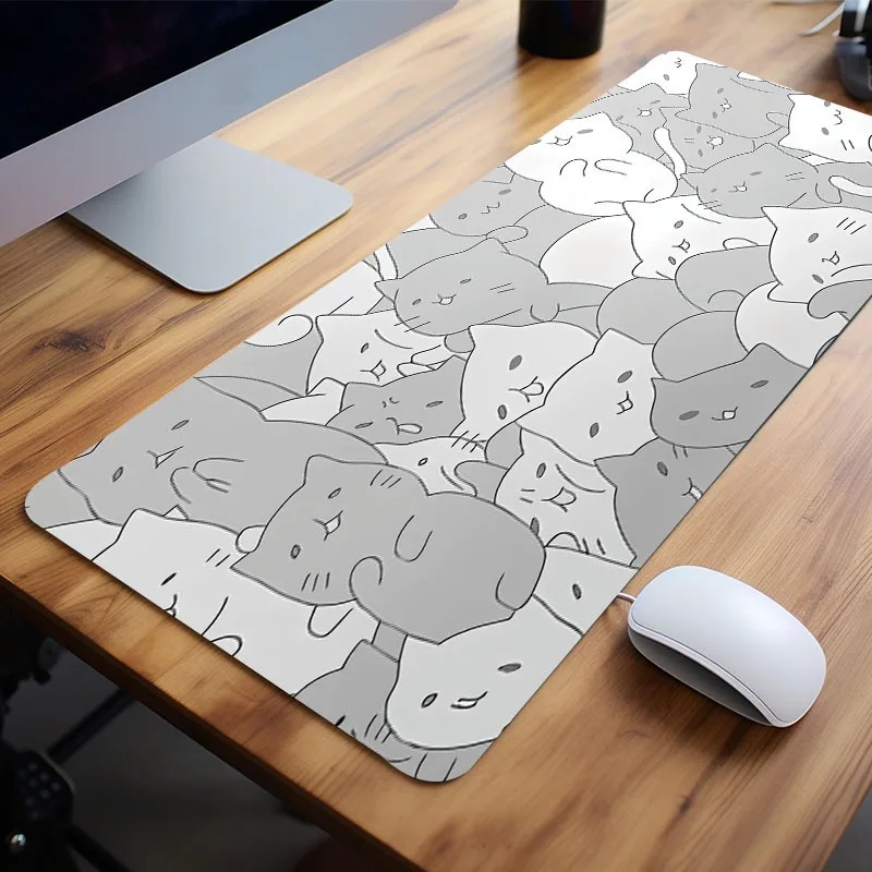 Cute White Cat Desk Mat On Beige Mouse Pad Extra Large Table Protector Soft Deskmat Deskpad Anime Mousepad Kawaii XxL Mousepad