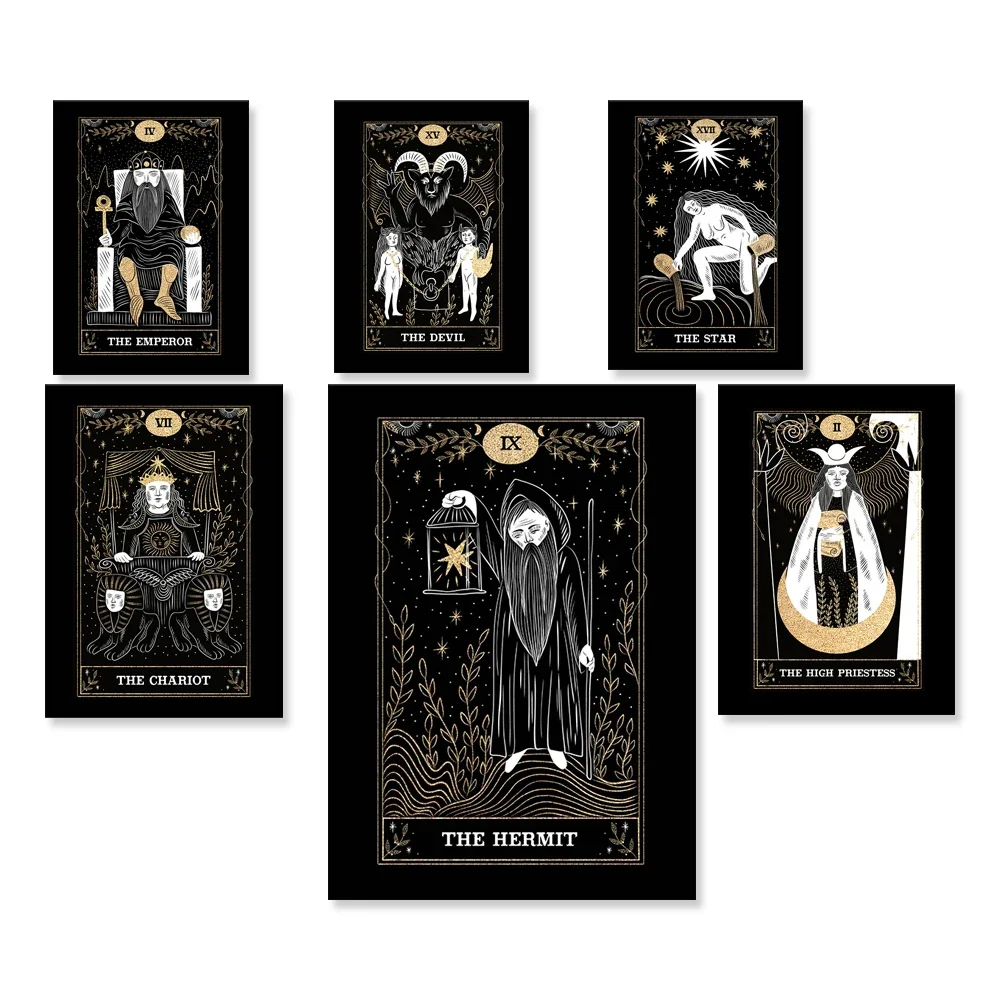 Moon sun, wheel of fortune, emperor, demon, chariot tarot black poster, fortune telling, witchcraft, witch, gothic art, astrolog