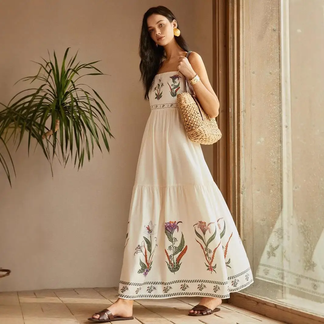 فستان ماكسي فضفاض بدون حمالات مطبوع للربيع والصيف، تصميم جديد للنساء، فستان طويل كاجوال بخصر مطاطي وأكمام طويلة على الطراز ال...