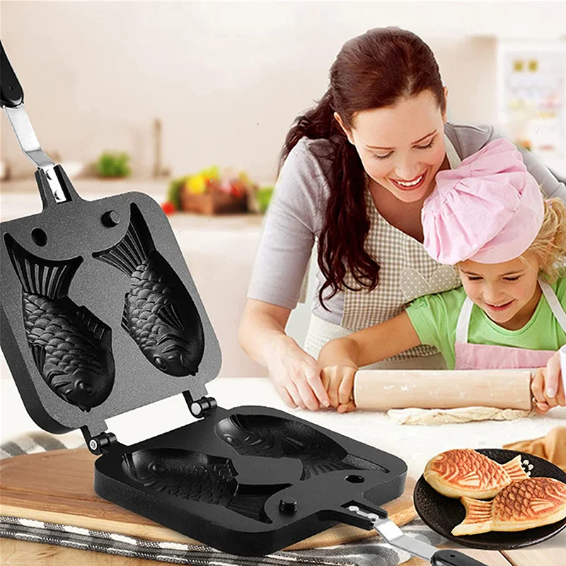 Kitchen Japanese Taiyaki Double Fish Shaped Hot Dessert Waffle Cake Maker Pan Japanese Pancake Double Pan Fry Pan Waffle Molds