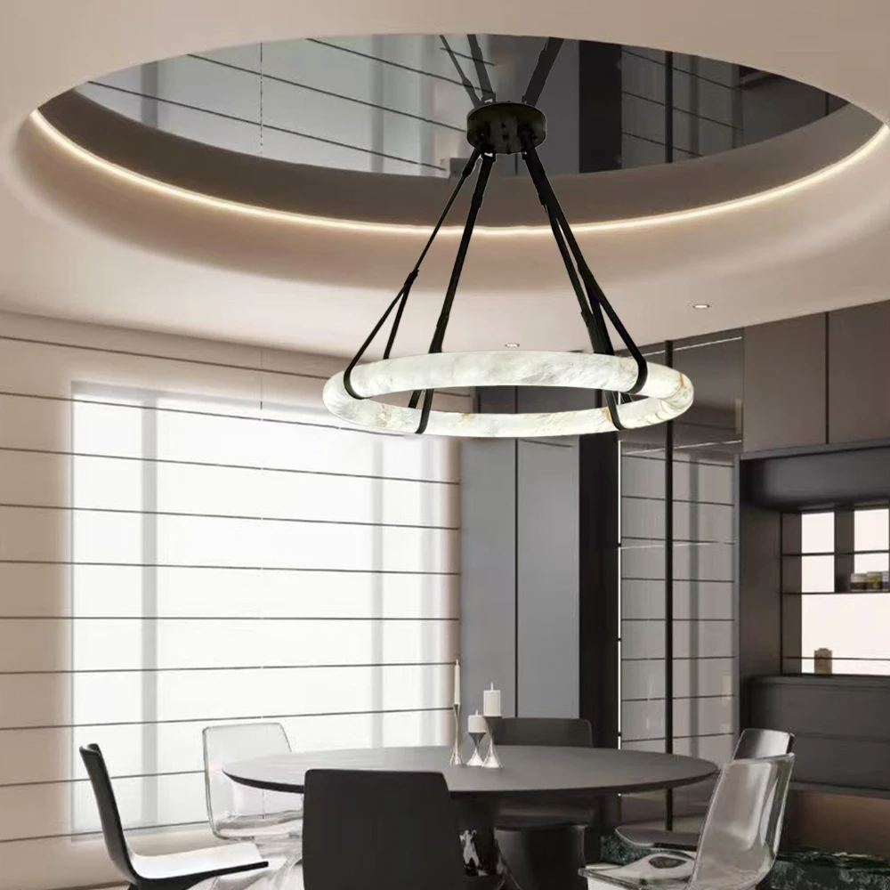 Faux Alabaster Pendant Light Round Belt Hanging Lights for Duplex Living Room Kitchen Bedroom Artificial Marble Decor Lamp