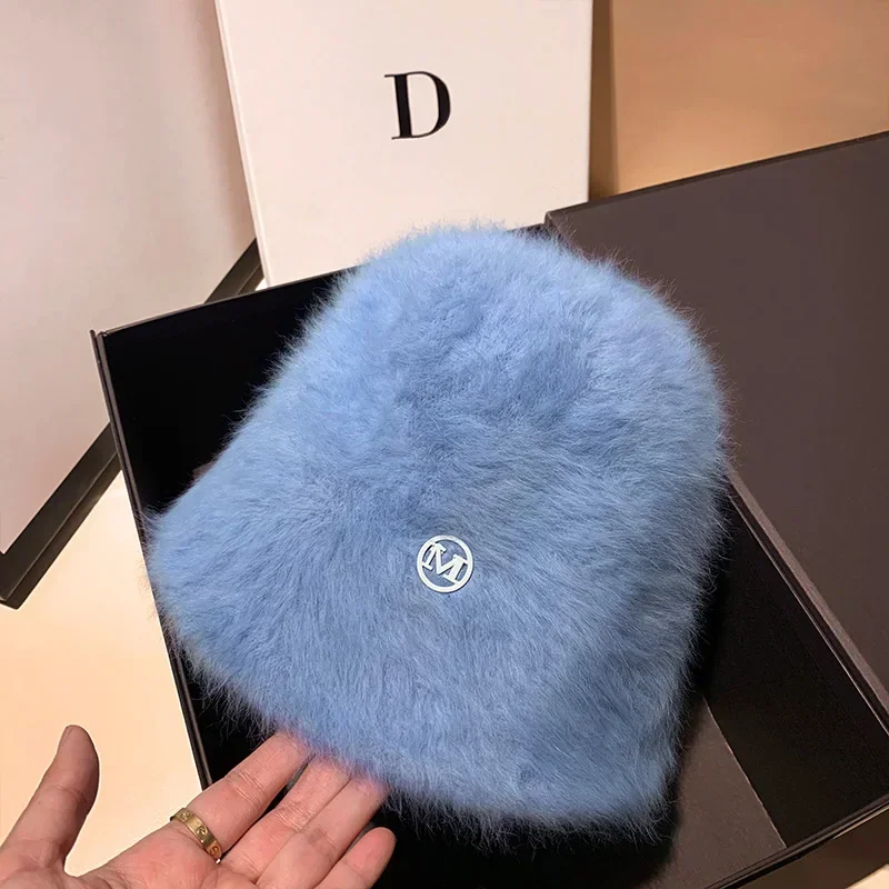 Korea Designer M Bucket Hat Woman Warm Plush Angola Rabbit Fur Hat Lady Autumn Winter Ins Fashion Basin Hat Retro Fluffy Panama