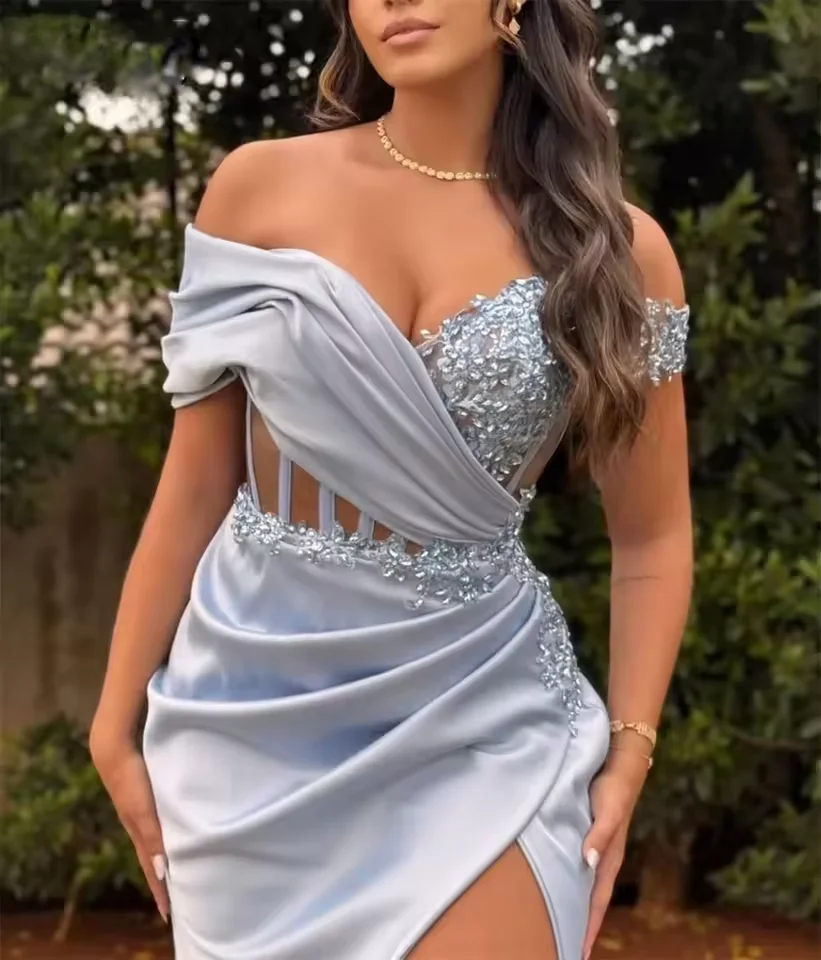 Robes de bal sirène élégantes personnalisées, épaules dénudées, longues robes de soirée perlées, fente haute, robes de soirée formelles
