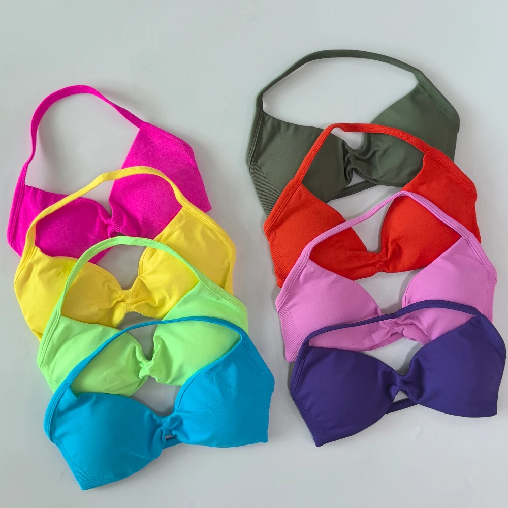 Pericic Damen Trägerloses Sport-BH mit Offenem Rücken, Hoher Halt, Nahtloses Neckholder-Yoga-Top, Push-Up Workout Yoga-Top – Detail 5