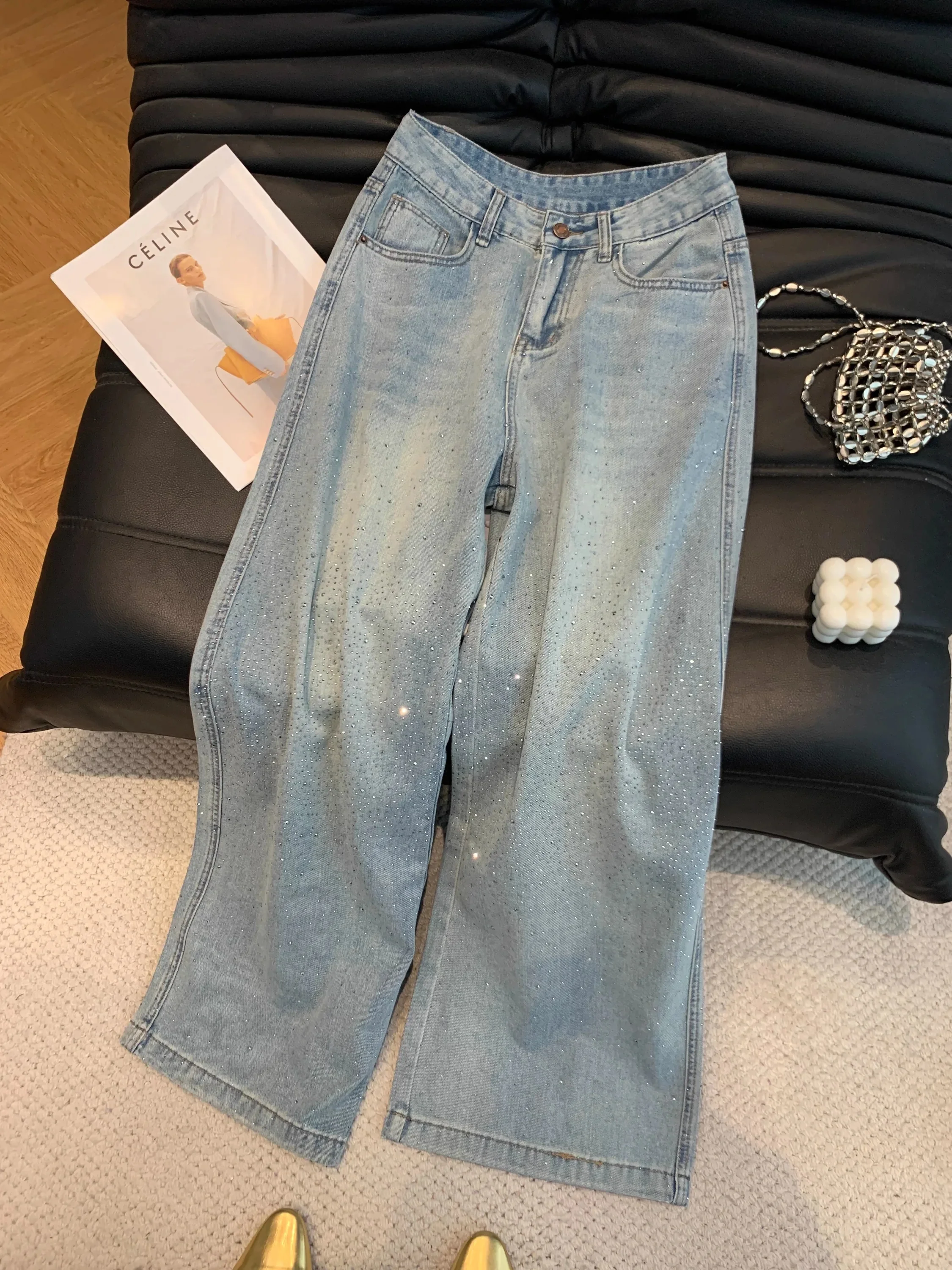 

High Waist Wide Leg Skinny Denim Jeans Women's Spring Summer New Fashion Loose Straight Tube Pants Glittering Ladies Jeans