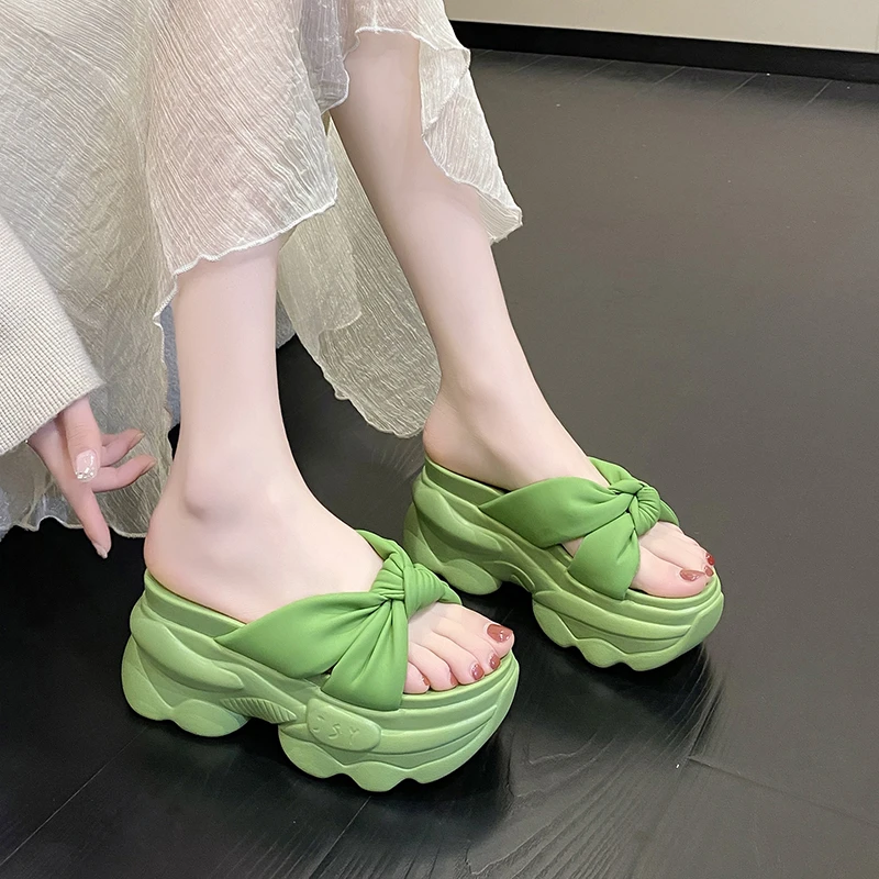 9CM High Platform Slippers Women Solid Color Thick Sole Leather Sandals Woman Chunky Summer Casual Beach Slides Zapatos Mujer