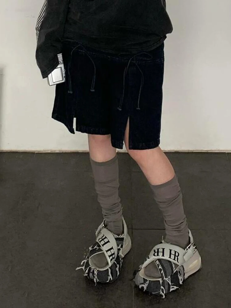 PBAP Cutecore Bow Denim Bermuda Pants Vintage Distressed Pockets High Waist Split Wide Leg Casual Jean Shorts Women Clothing