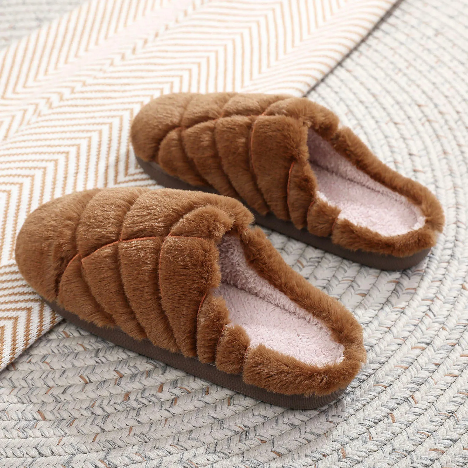 2024 New Men And Women Cotton Slippers Christmas Solid Color Winter Warm Indoor Slippers Bedroom Floor Furry Shoes For Couples