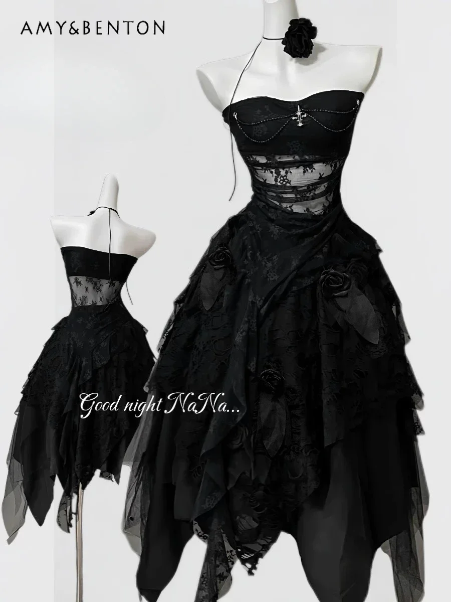 Sous-culture fille foncée imprimé fleur chaîne croisée bustier tubulaire jupe mi-longue irrégulière dentelle gothique deux pièces ensembles tenues pour femmes