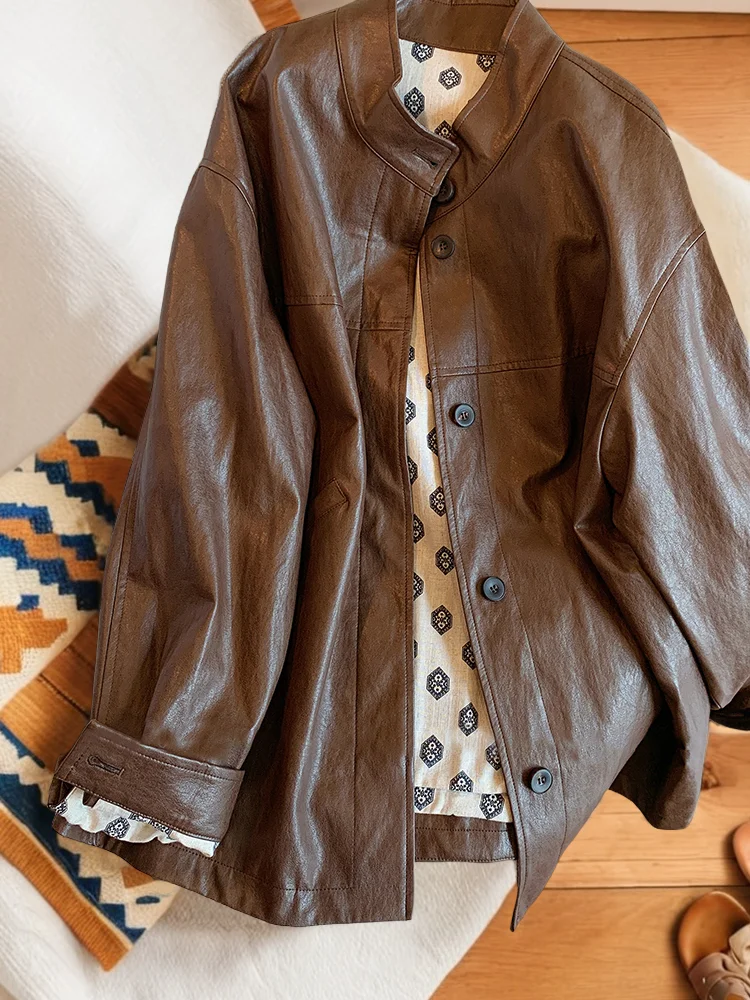 Retro Ce Brown Leather Jaet Casual ex Spring Autumn High Faion Versatile Open Cardigan Sle Women's ort Coat