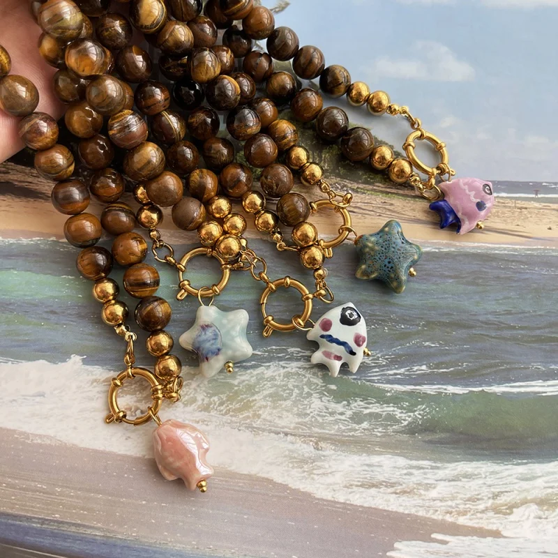 Titanium Steel Beaded Necklace with Ceramic Fish and Starfish Charms, Round Clasp, and Tiger's Eye