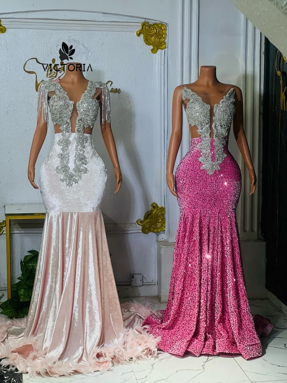 

Gorgeous Pink Prom Dress Black Girl Sequin Rhinestone Mermaid Party Dress Gala Evening Gown Customized