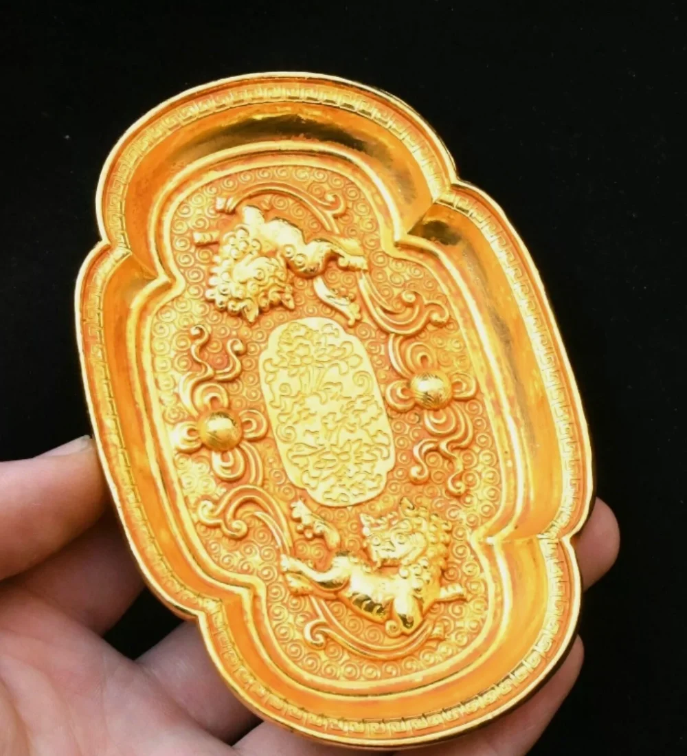 4.7 ''السلالة القديمة البرونزية المذهبة قصر فو فو الكلب الحرس علبة الأسد طبق لوحة #4