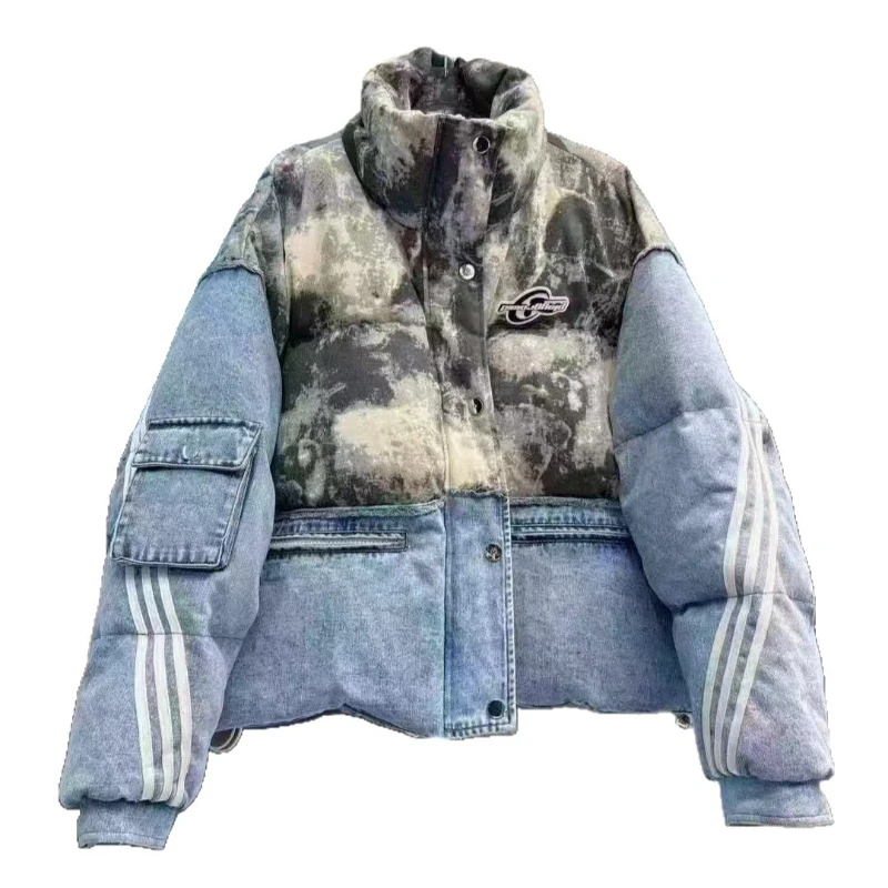 Damska kurtka puchowa na zimę 2025, ocieplana, modna, casualowa, parka z denimowymi przeszyciami, nowa, z odpinanym kapturem, 90% biały puch kaczki.