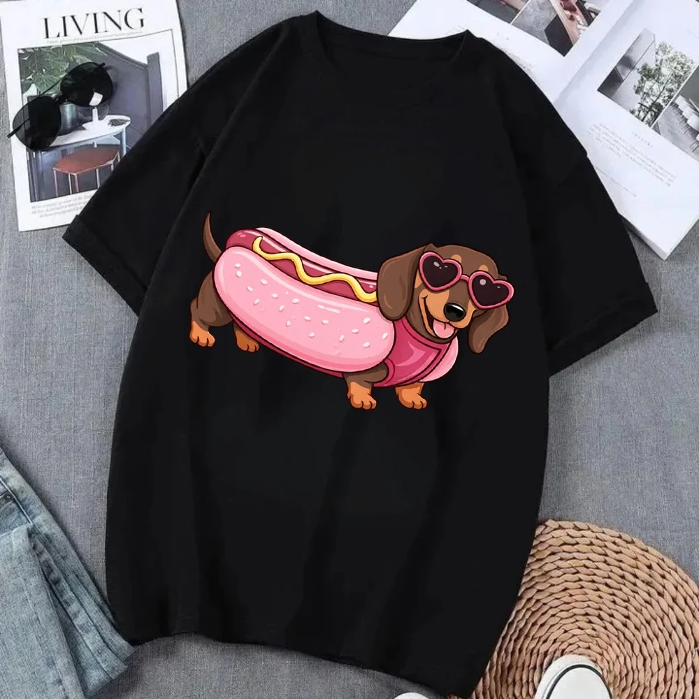 Korean Style Street Fashion T - Shirt Dachshund Heart  Shaped Sunglasses Print Top Trendy Short Sleeve Casual Wear for Women