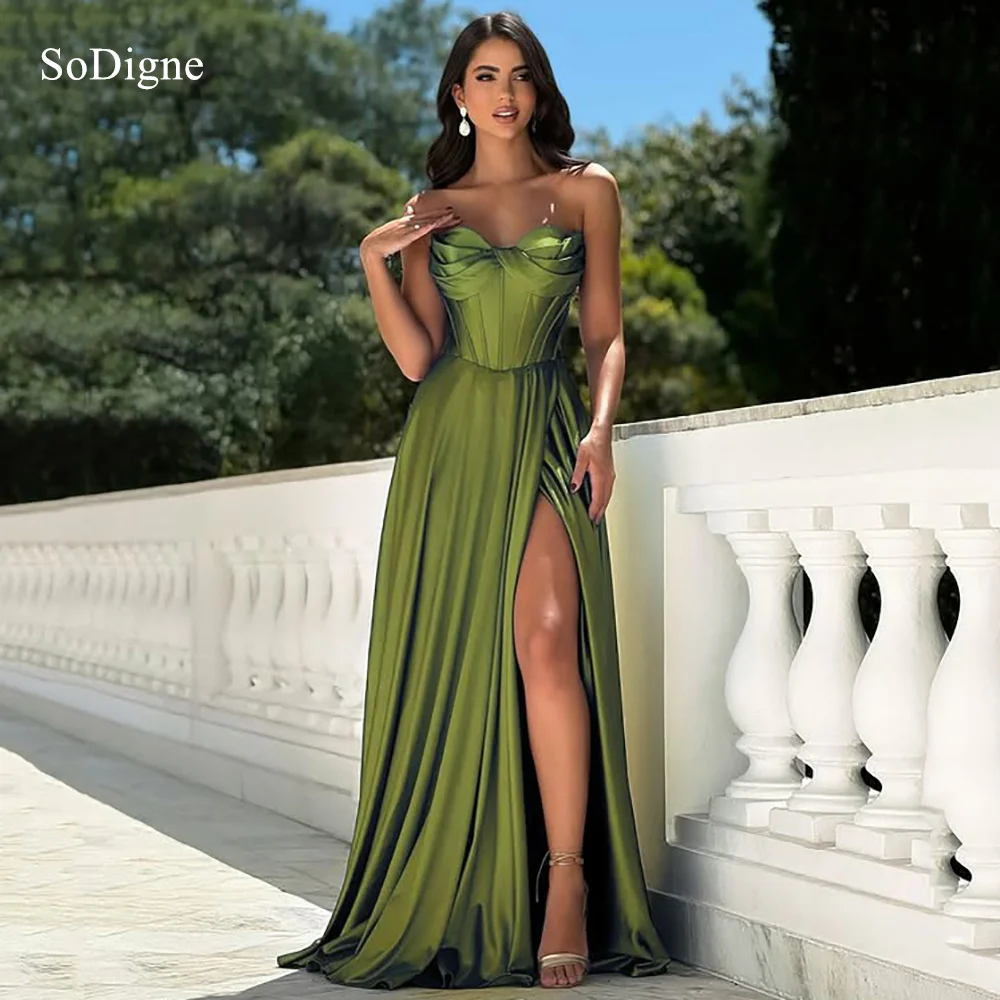 

SoDigne Elegant A-Line Satin Evening Dresses Strapless Side Slit Party Dress Draped Formal Occasion Prom Gowns Customized