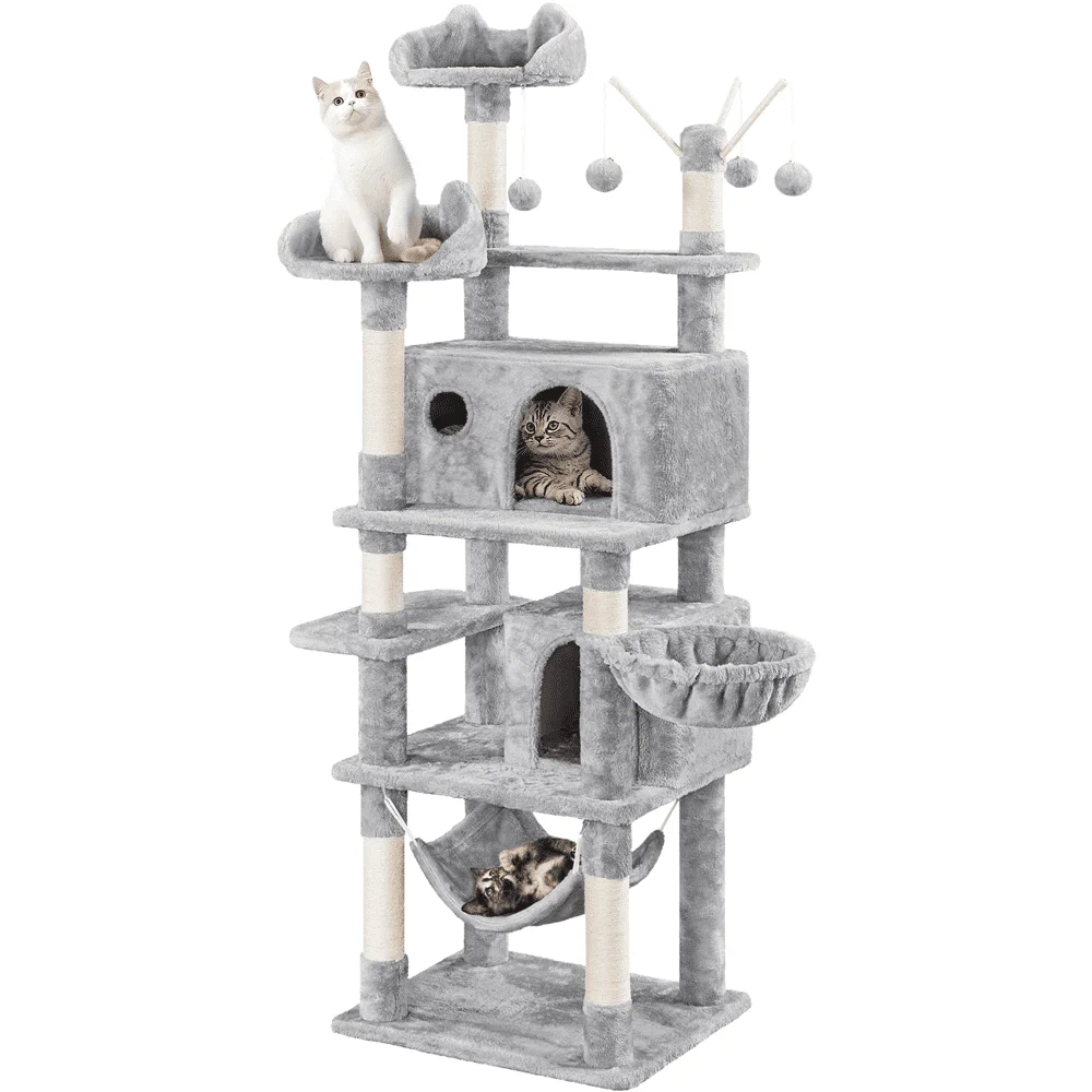 

67 H Multi-Level Cat Tree Tower with 2 Cat Condos & Hammock Basket, Light Gray