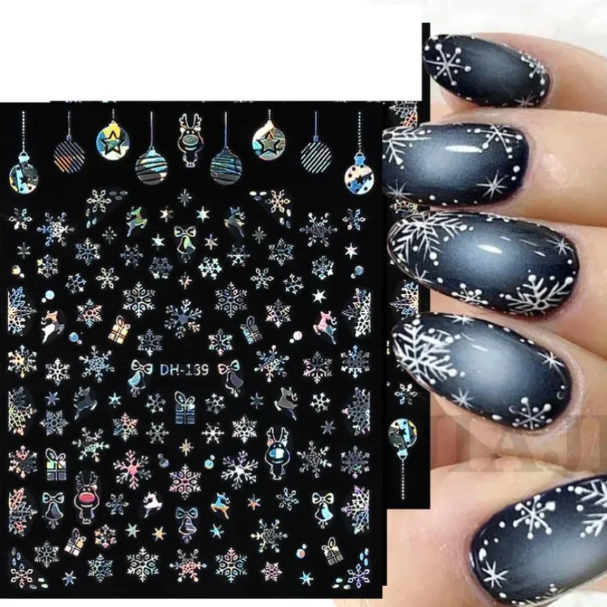 Holographic Gold Elk Nail Sticker Christmas Metallic Snowflake Santa Claus Tree Winter Xmas New Year 3D Slider Nail Decoration