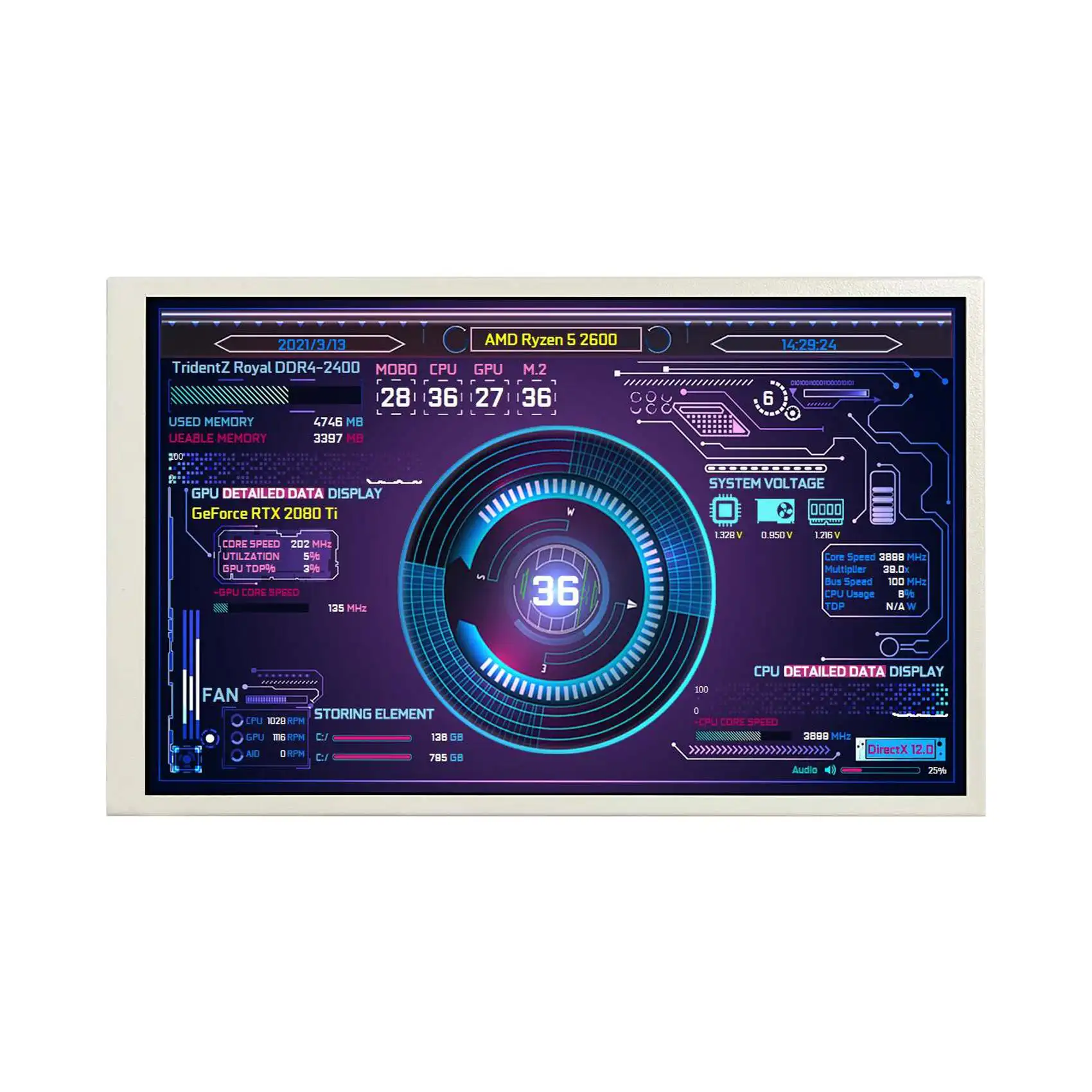 10.1inch 800x1280 White/Black PC Monitor USB Port Built-in Picture Video Theme CPU GPU Temp