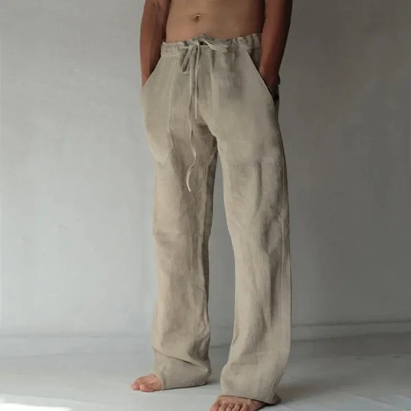 2023 new Men\'s Cotton Linen Pants Summer Solid Color Breathable Linen Trousers Male Casual Elastic Waist Fitness Pants