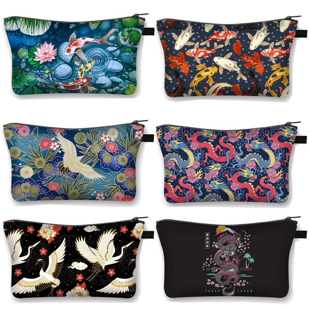 Japanese Koi Fish Crane Asian Dragon Cosmetic Case Harajuku Women Makeup Bags Girls Beauty Bag Hip Hop Cosmetic Toiletries Bag