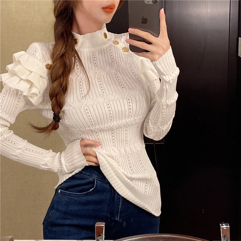 Full Sleeve Turtleneck Buttons Sweater Jumpers Girls Stretchy Chic Ruffles Autumn Spring Sweaters Pullovers Tops Women