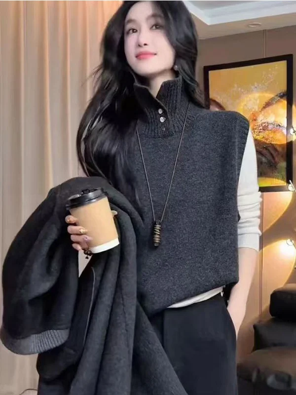 

Женский вязаный жилет с высоким воротником, повседневный, простой, облегающий, в стиле lazy fashion, весна-осень, новинка