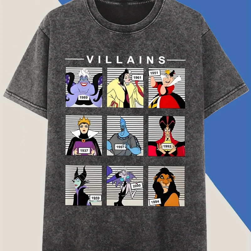 Disney Villains Jafar, Maléfica y Cruella De Ville Camiseta de algodón lavada vintage con estampado gráfico - Hombres y mujeres