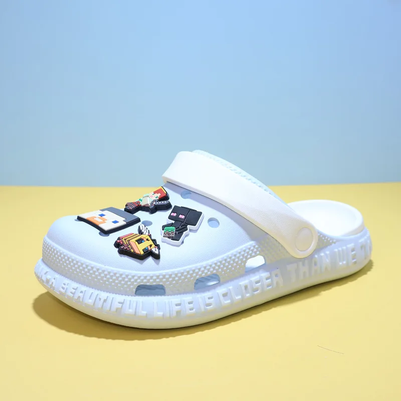 New Fashion Kids Minecraft Clogs White with Pink Strap Pixel Game Charms Non-Slip Beach Garden Casual Shoes for Girls