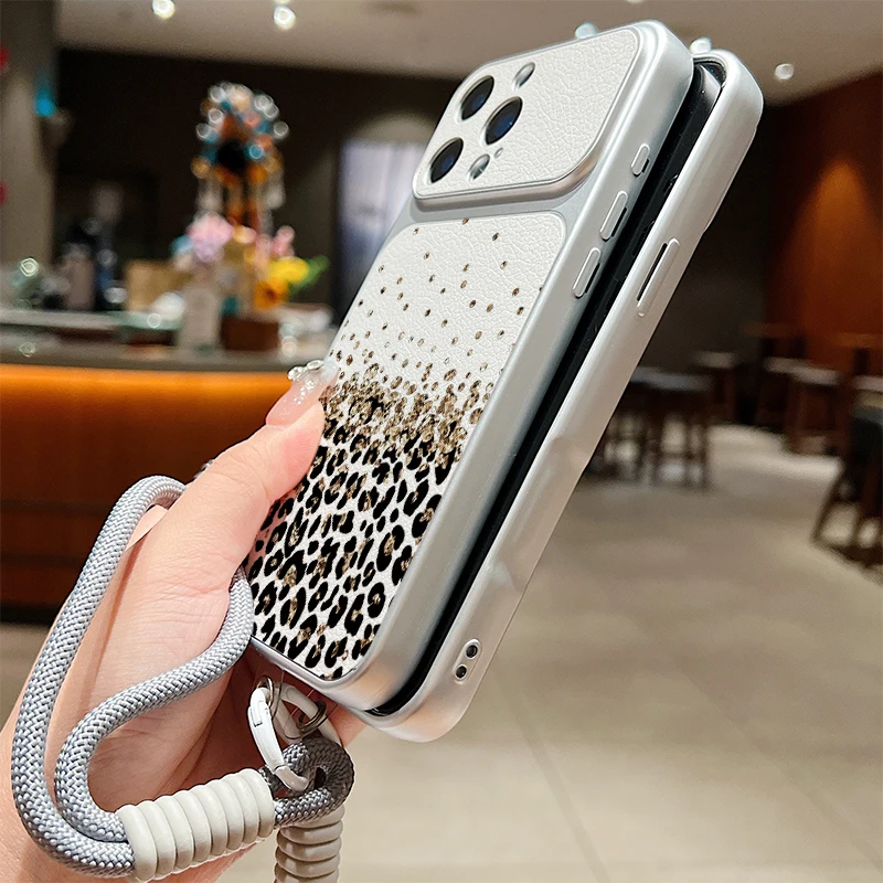 Leather Texture Phone Case For iPhone 17 Pro 16 15 14 13 Pro Max Gold Leopard Print Wrist Strap Lanyard Soft TPU Matte Cover view 6