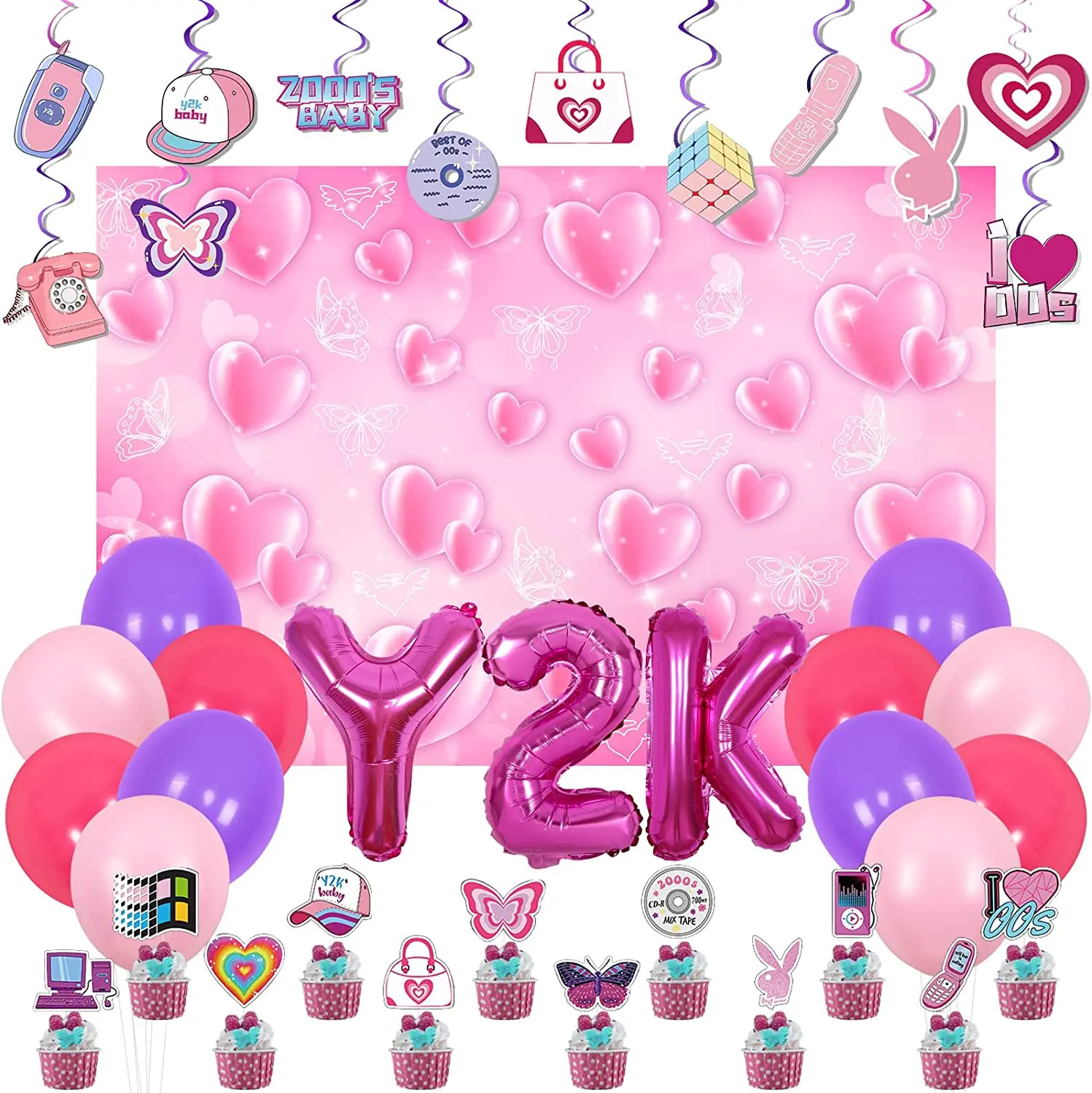 

Fangleland Y2k Birthday Party Decorations Pink Heart Backdrop 2000s Logo Hanging Swirls Y2k Foil Balloons 00s Party Decorations