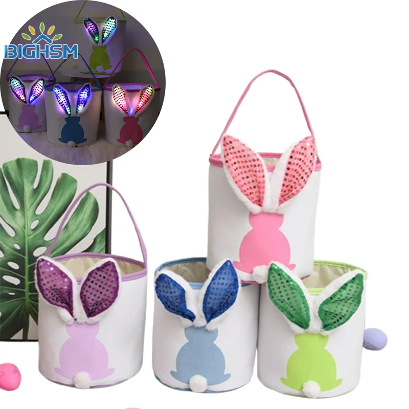 Glowing Rabbit Ear Easter Bunny Tote Bag Soft Bucket Tote Bags Candy Gift Storage Bag Easter Decorations Party Supplies