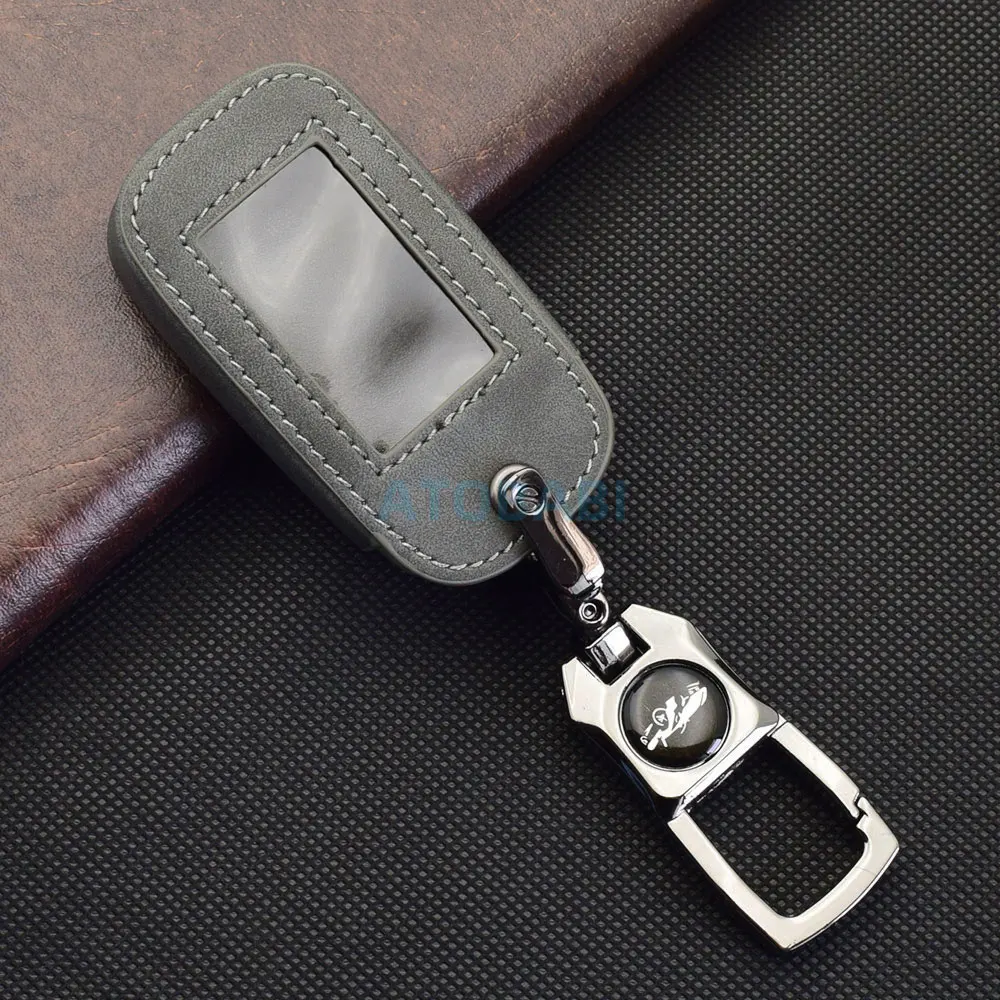 Graue Leder-Autoschlüsselhülle für StarLine E90 E60 E63 E93 E95 E66 E96 E65 E61 E91 Zwei-Wege-Auto-Alarmsystem LCD-Fernbedienung Fob-Hülle – Detail 7