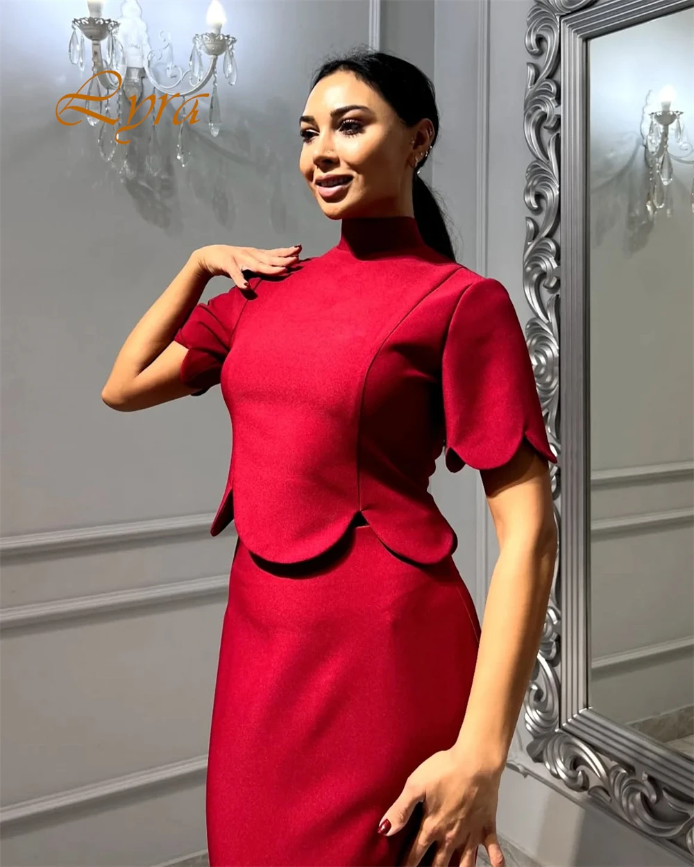 Customized Exquisite High Neckline Cap Sleeve Evening Dress Luxury Burgundy Satin Prom Dresses High Quality Party  Gowns