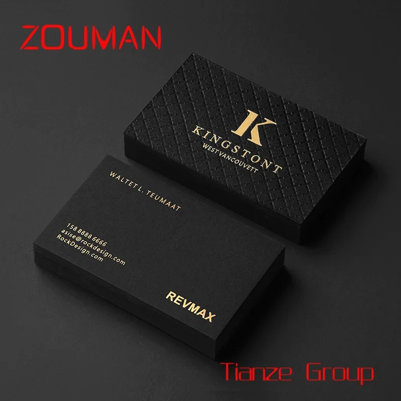 Kunden spezifisches Design Visitenkarte Luxus schwarz geprägte Visitenkarte gedruckt Goldfolie Stempel papier karten mit eigenem Logo