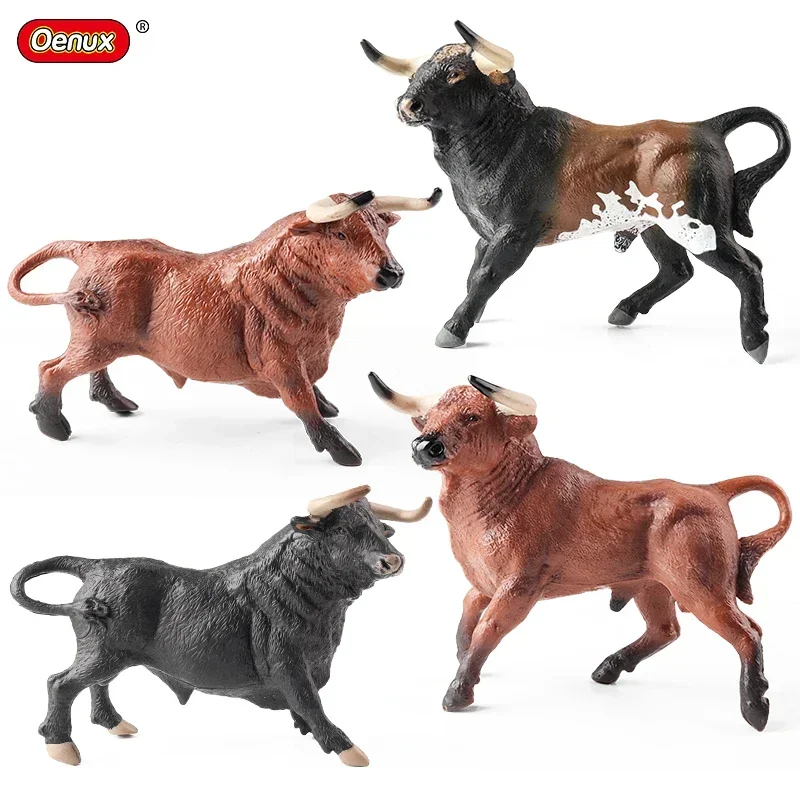 Oenux New Bullfighting Model Farm Animals Cattle Calf Bull OX Cowboy Action Figures Collection Pvc Toy Kids Gift