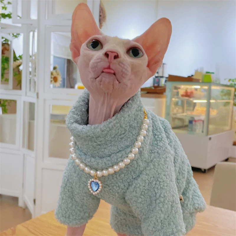 Winter Blue Sweater for Sphynx Cat,Warm Lamb fleece long sleeves Thick Coat For Devon Rex Small Dogs, Soft Warm Pajama for a Cat