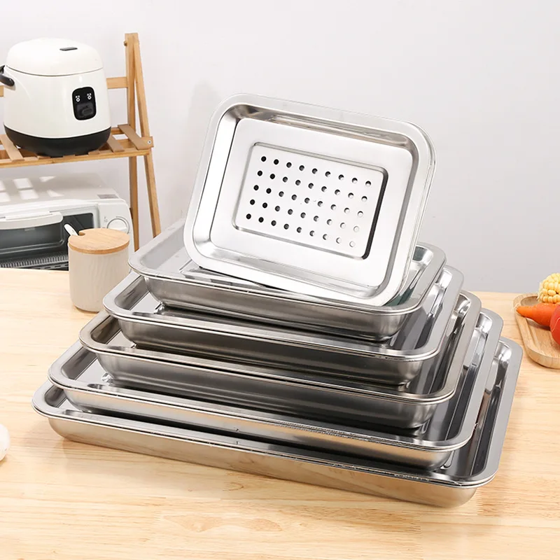 Stainless Steel Food Storage Tray Shallow Drain Trays Vegetable Fruit Dumpling Storage Plate Oil Filter Pan Kitchen Accessories