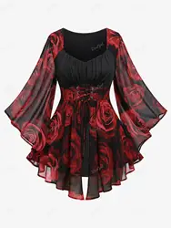 Plus Size Lace Up Floral Chiffon T-shirt Autumn Sweetheart Neck Butterfly Sleeve Blouse Tops Five Colors Can Choose