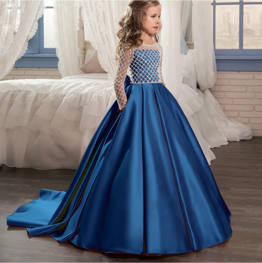 Luxus Satin Langarm Blumen mädchen Kleider für Hochzeit formale Kind Festzug Prinzessin Kinder heilige Kommunion Kleid mit Zug