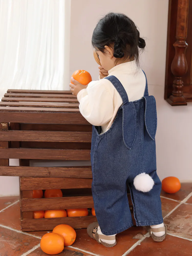 

2025 Autumn New Baby Girls Cute Rabbit Ears Denim Overalls Solid Infant Sleeveless Jumpsuit Toddler Casual Strap Jean Trousers