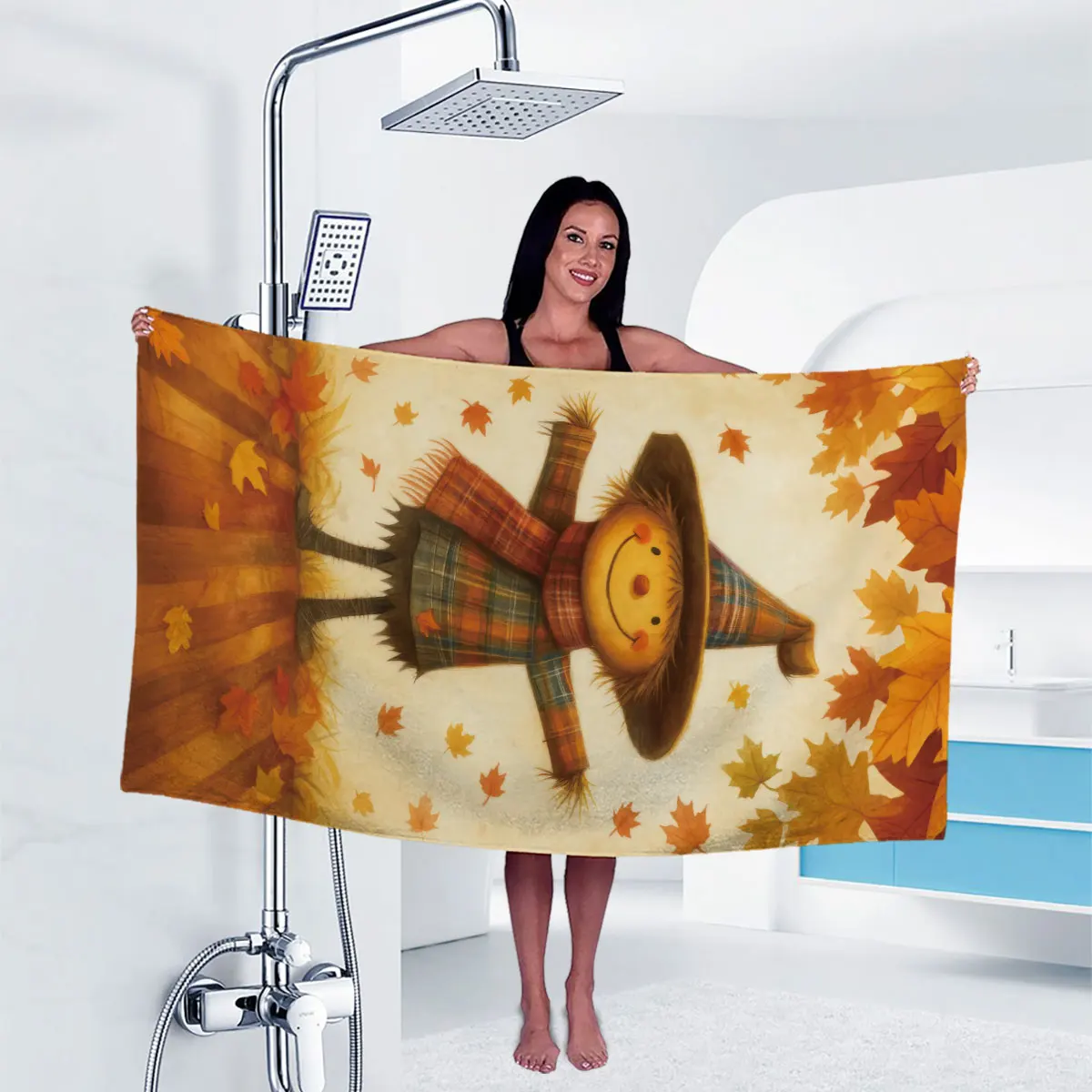 1PC Autumn Maple Leaf Scarecrow Bath Towel Sports Lightweight Fitness Swimming Yoga Towel Machine Washable