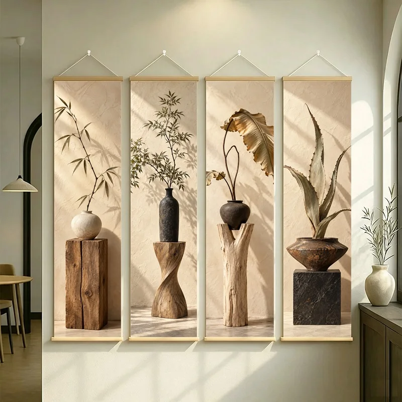 Wall Art Preserved Banana Leaf and Preserved Aloe Leaf, Wabi-Sabi Silver Shimmer Canvas Hanging Scroll for Meditation Room