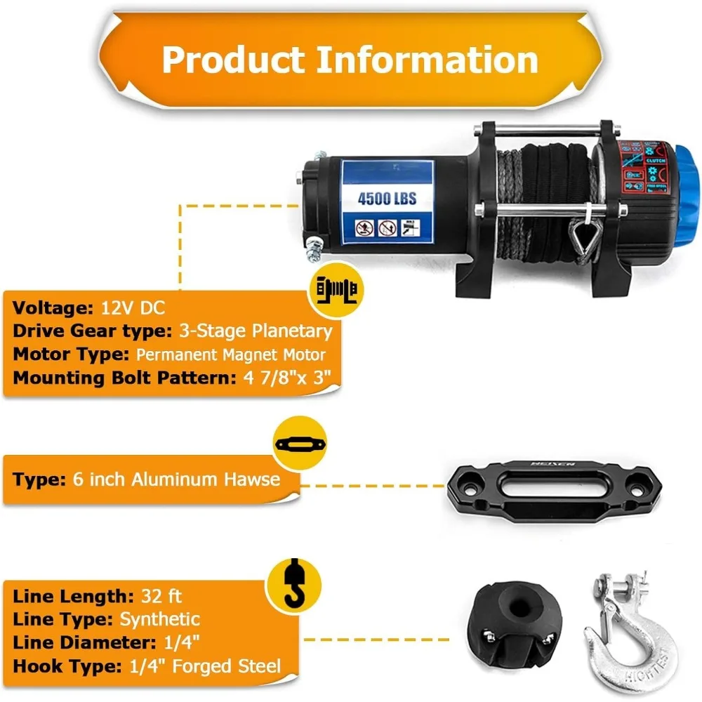 4500lb Electric Winch w/Rocker Switch & Winch Mount Compatible with Polaris Ranger XP 1000/900 Crew/PRO XD 2013-2025